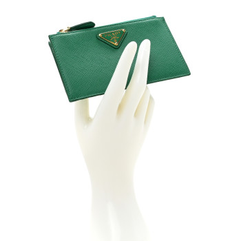PRADA Saffiano Triangle Zip Card Holder Verde