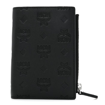 MCM Calfskin Ottomar Monogram Mini Bifold Zip Card Wallet Black