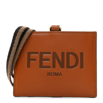 FENDI Vitello King Tamponato Logo Embossed Badge Lanyard Card Case Cuoio
