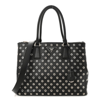 PRADA City Calf Grommet Large Double Zip Tote Black