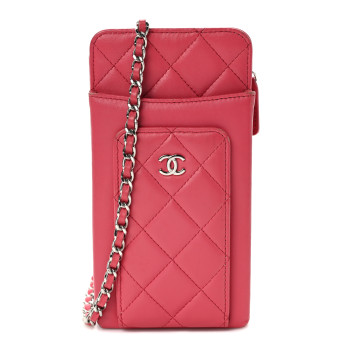 CHANEL Lambskin Quilted Phone Chain Clutch Bag Pink