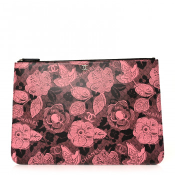 CHANEL Coated Canvas Lambskin Quilted Large Camellia Cosmetic Case Pink Black