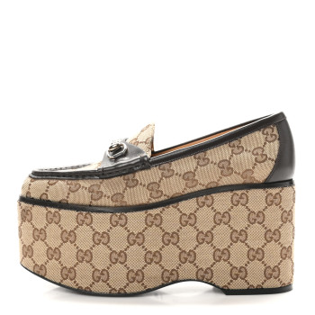 GUCCI Canvas GG Monogram Horsebit Calfskin Womens Horsebit Platform Loafers 37.5 Beige Ebony