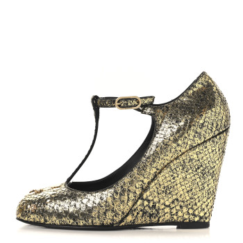 CHANEL Metallic Snakeskin Studded CC T-Strap Wedges 37 Gold Black
