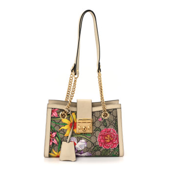 GUCCI GG Supreme Monogram Flora Textured Calfskin Small Padlock Tote Beige Ebony Multicolor Mystic White