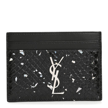 SAINT LAURENT Patent Snakeskin Glitter Monogram Credit Card Case Black