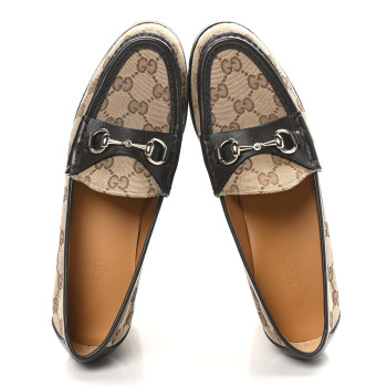 GUCCI Canvas GG Monogram Horsebit Calfskin Womens Horsebit Platform Loafers 37.5 Beige Ebony