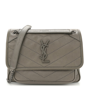 SAINT LAURENT Crinkled Calfskin Matelasse Monogram Baby Niki Chain Satchel Grey Kaki
