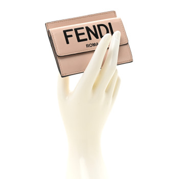 FENDI Vitello Fluffy Logo Fold Over Card Holder Wallet Rosa Quarzo Black