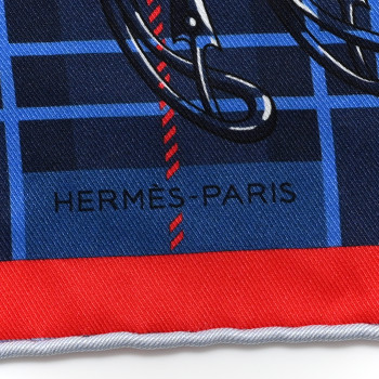 HERMES Silk Cheval Punk Pocket Square Blue Red