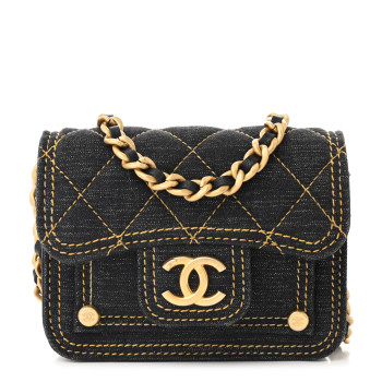 CHANEL Denim Quilted Double You Card Holder On Chain Black Golden