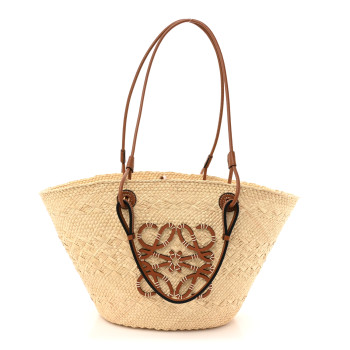 LOEWE Calfskin Raffia Paulas Ibiza Medium Anagram Basket Tote Bag Natural Tan