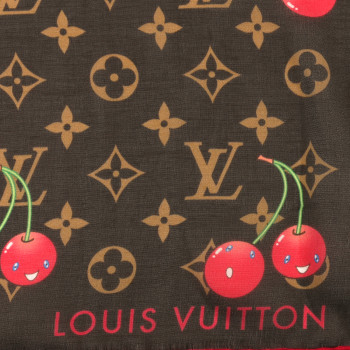 LOUIS VUITTON LV X TM Silk Cotton Monogram Cerises Square Scarf 55 Brown