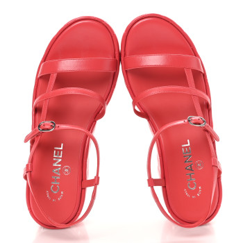 CHANEL Calfskin Quilted Wedge Logo Sandals 37 Red