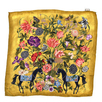 GUCCI Silk Floral Horse Print Square Scarf Yellow Multicolor