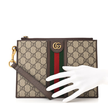 GUCCI GG Supreme Monogram Web Ophidia Wristlet Pouch Brown