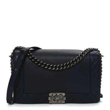 CHANEL Calfskin New Medium Boy Reverso Flap Navy