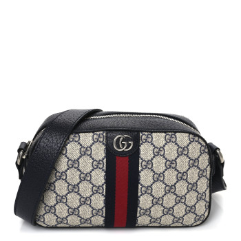 GUCCI GG Supreme Monogram Textured Dollar Calfskin Web Small Ophidia Camera Bag Beige Blue