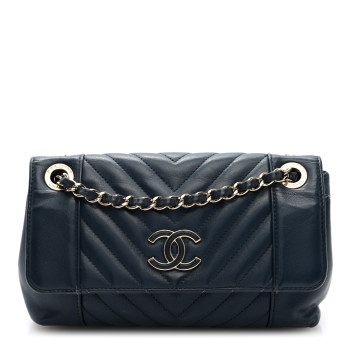 CHANEL Calfskin Quilted Medium Daily Chevron Flap Navy Blue