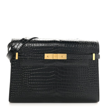 SAINT LAURENT Shiny Calfskin Crocodile Embossed Manhattan Baguette Black
