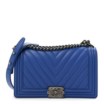 CHANEL Lambskin Chevron Quilted New Medium Boy Flap Bright Blue