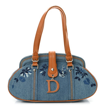 CHRISTIAN DIOR Denim Embroidered Satchel Blue CHRISTIAN DIOR Denim Embroidered Satchel Blue
