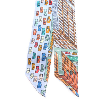 HERMES Silk Pantin City Twilly Bleu Ciel Orange Vert