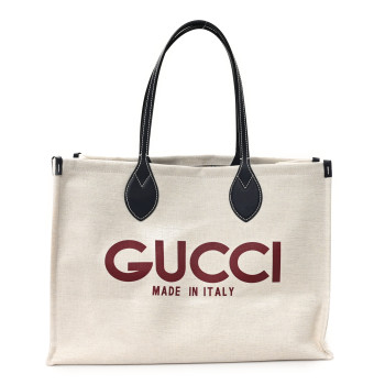GUCCI Canvas Calfskin Logo Print Large Tote Bag Navy Multicolor