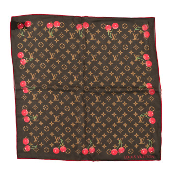 LOUIS VUITTON LV X TM Silk Cotton Monogram Cerises Square Scarf 55 Brown