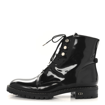 CHRISTIAN DIOR Patent Calfskin Rebelle Lace Up Boots 38.5 Black