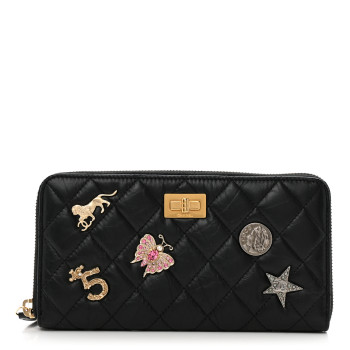 CHANEL Aged Calfskin Quilted Lucky Charms 2.55 Reissue Zip Around Wallet Black