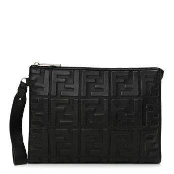 FENDI Vitello Grace FF 1974 Embossed Flat Pouch Black