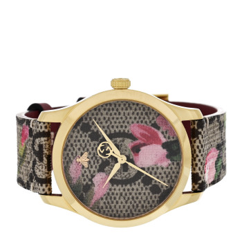 GUCCI Stainless Steel Canvas 38mm G-Timeless Supreme GG Blooms Quartz Watch Brown