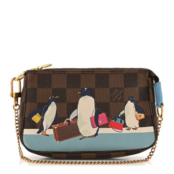 LOUIS VUITTON Damier Ebene 2017 Christmas Animation Penguins Mini Pochette Accessories Blue