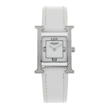 HERMES Stainless Steel Epsom Diamond Lacquer 21mm Heure H Hour Double Jeu Quartz Watch Blanc