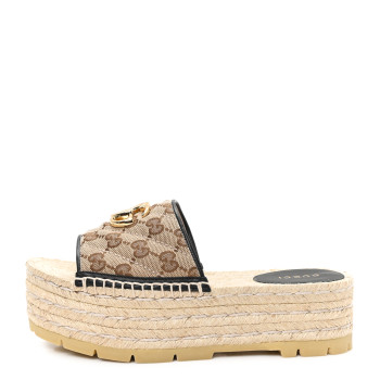 GUCCI Monogram Matelasse Diagonal GG Marmont Platform Espadrille Slide Sandals 36 Beige Ebony Black