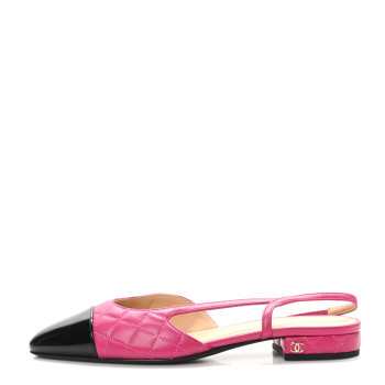 CHANEL Lambskin Patent Cap Toe CC Slingback Flats 37.5 Pink Black