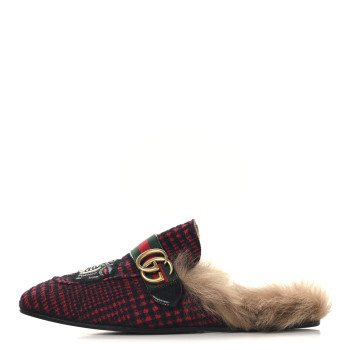 GUCCI Tartan Fur Embroidered Mens Princetown Slippers 8 Red