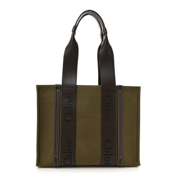 CHLOE Linen Calfskin Medium Woody Tote Warm Green