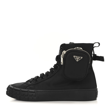PRADA Re-Nylon Gabardine Metal Triangle Logo Womens Wheel Pouch Pocket High Top Sneakers 40.5 Black