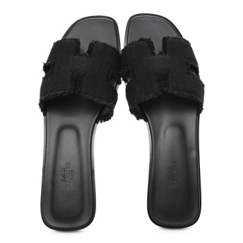 HERMES Toile H Oran Fringe Sandals 41 Black
