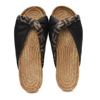 FENDI Satin FF Twist Espadrille Slide Sandal 36 Black Tobacco