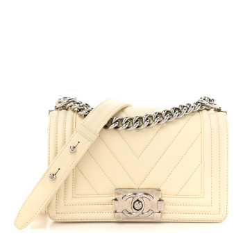 CHANEL Calfskin Chevron Quilted Small Boy Flap White
