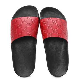 GUCCI Guccissima Signature Womens Slide Sandals 38 Hibiscus Red