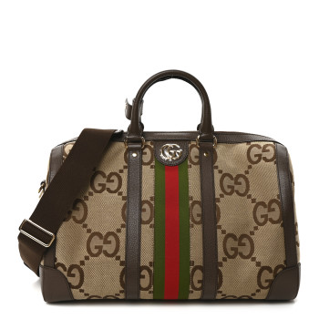 GUCCI Monogram Jumbo GG Textured Dollar Calfskin Web Medium Duffle Bag Camel Ebony