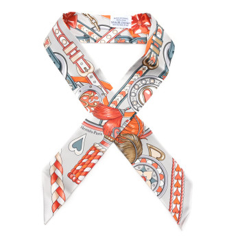 HERMES Silk Harnais De Coeur Twilly Gris Perle Orange Gris Bleute