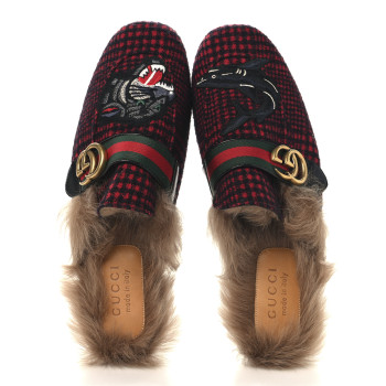 GUCCI Tartan Fur Embroidered Mens Princetown Slippers 8 Red