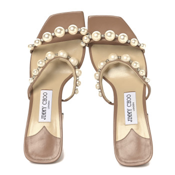 JIMMY CHOO Calfskin Pearl Embellished Amara 85 Mule Sandals 38.5 Beige