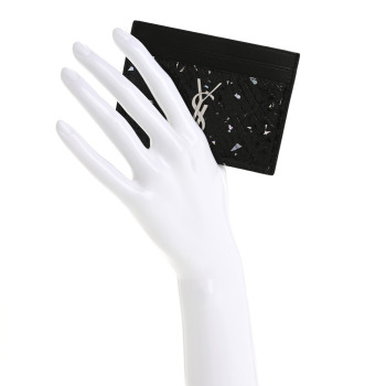 SAINT LAURENT Patent Snakeskin Glitter Monogram Credit Card Case Black