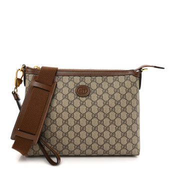 GUCCI GG Supreme Monogram Azalea Calfskin Retro Interlocking G Wristlet Messenger Bag Beige Ebony Brown Sugar